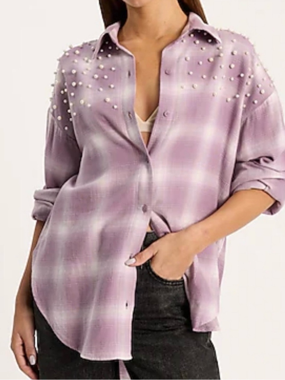 Express Porfino Boyfriend Plaid Pearl-Embellished Button-Up Shirt Women’s Size L
